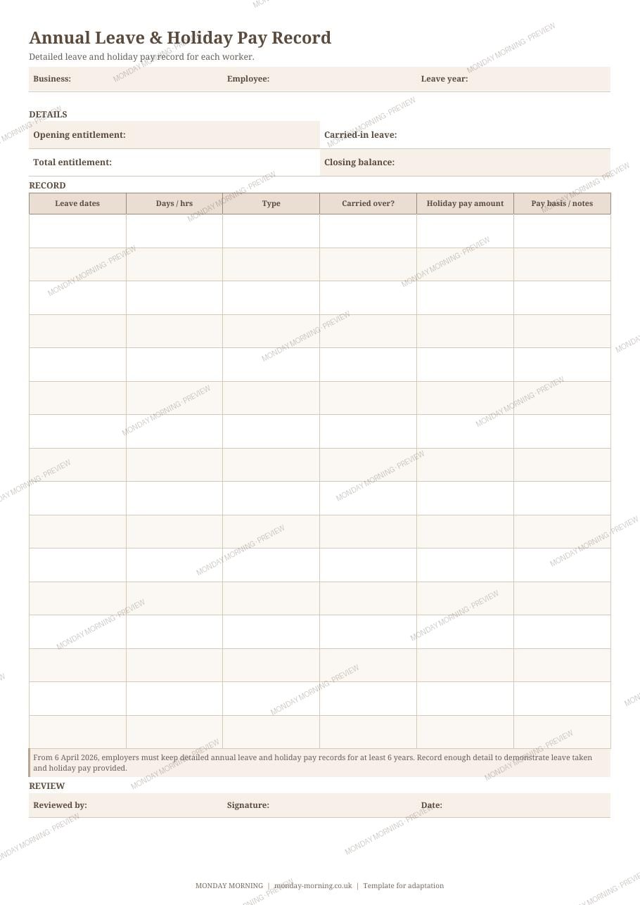 Annual Leave & Holiday Pay Record preview 1