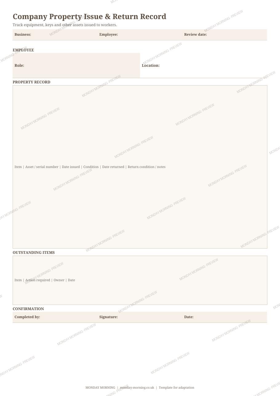 Company Property Issue & Return Record preview 1