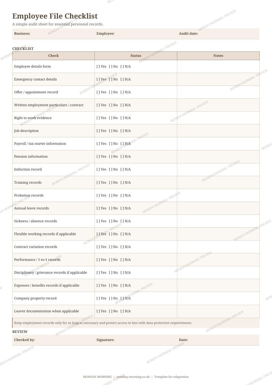 Employee File Checklist preview 1