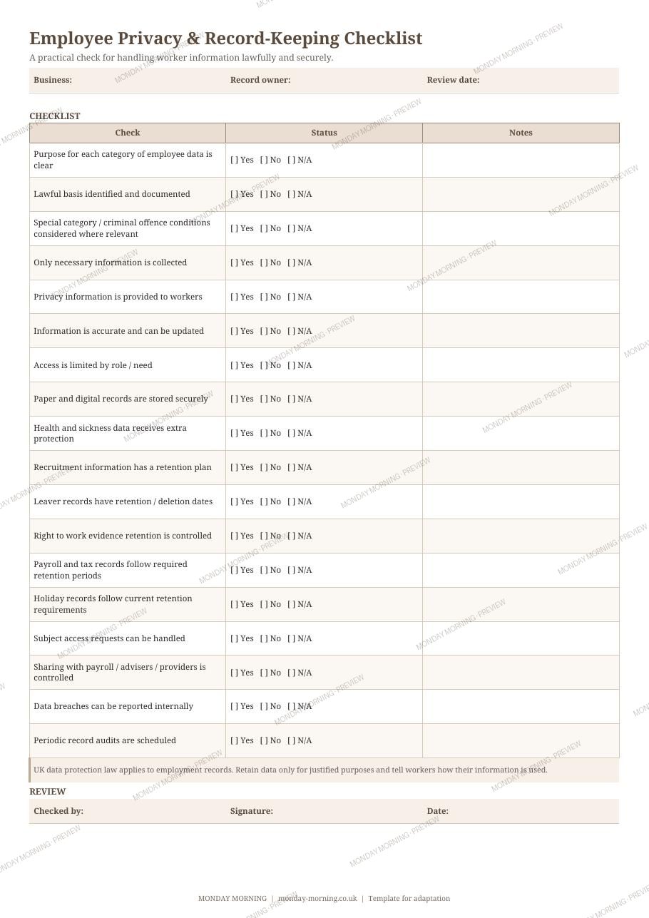 Employee Privacy & Record-Keeping Checklist preview 1