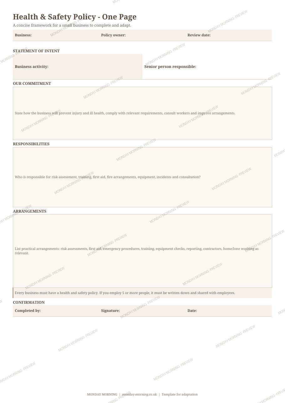 Health & Safety Policy – One Page preview 1