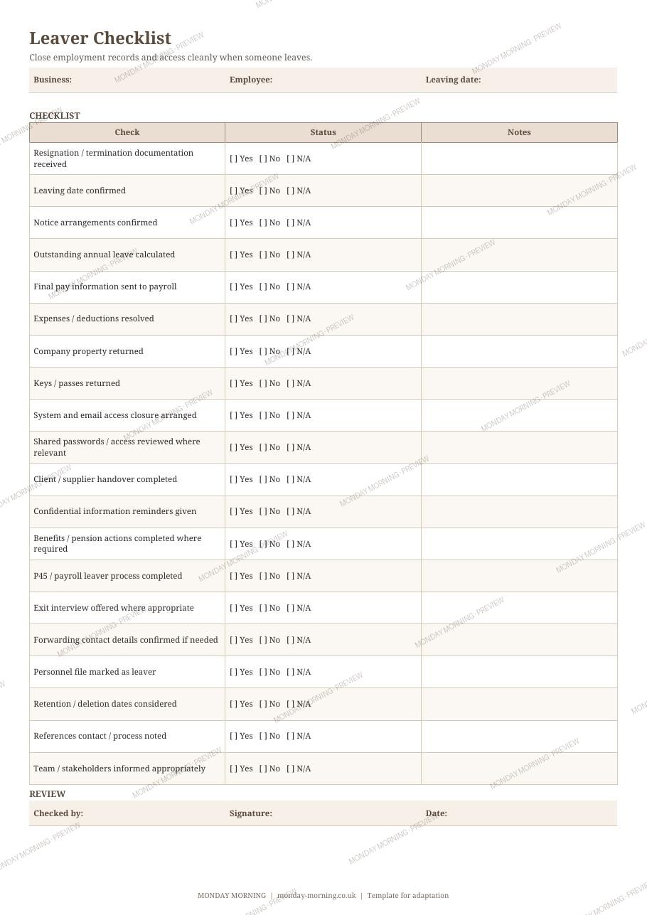 Leaver Checklist preview 1