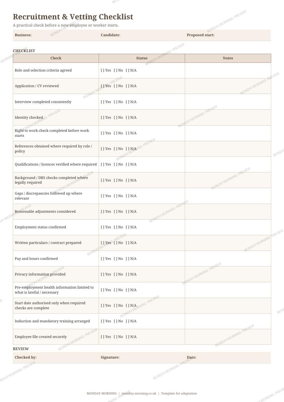 Recruitment & Vetting Checklist preview 1
