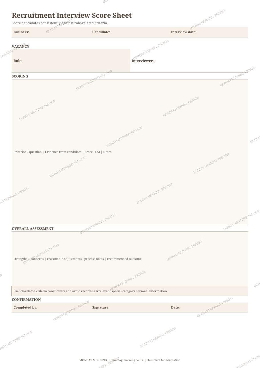 Recruitment Interview Score Sheet preview 1