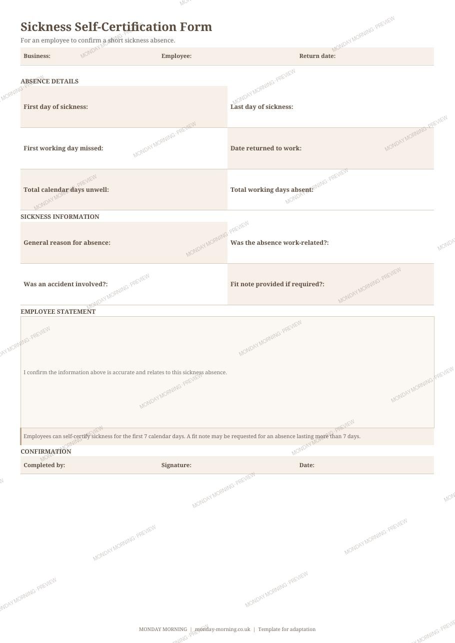 Sickness Self-Certification Form preview 1