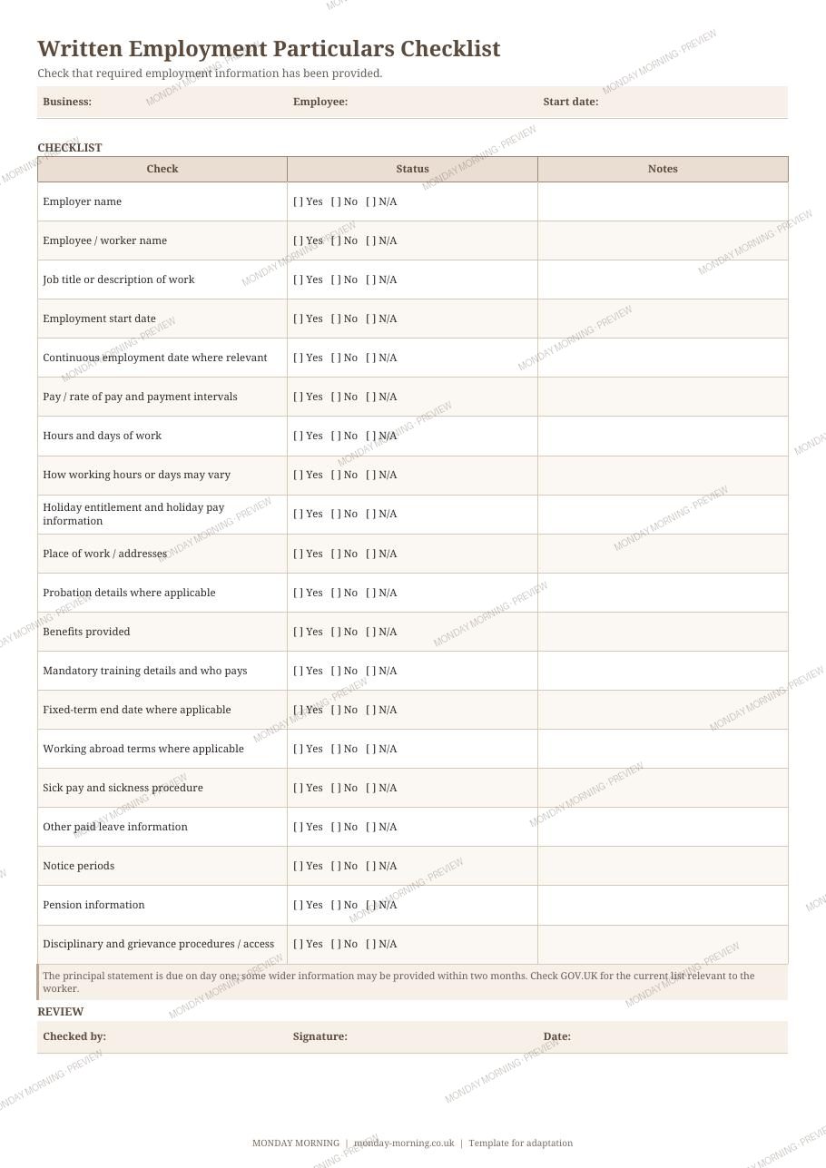 Written Employment Particulars Checklist preview 1