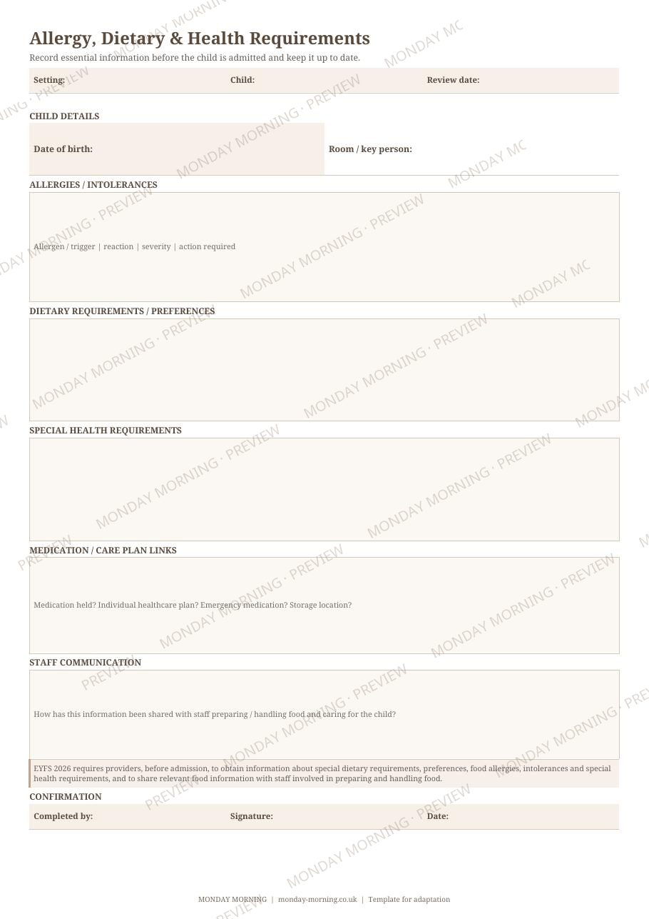 Allergy, Dietary & Health Requirements preview 1