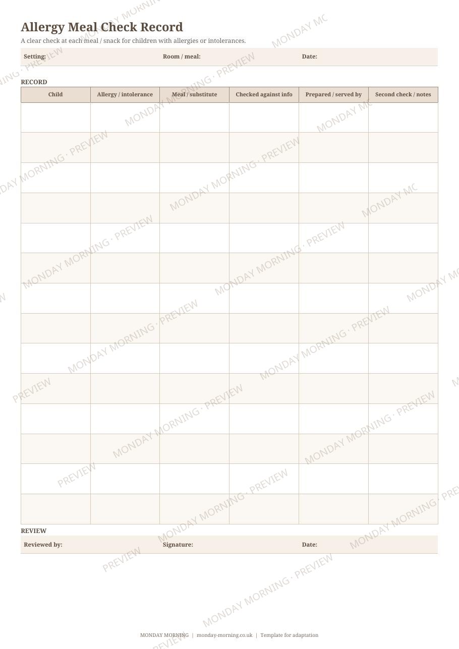 Allergy Meal Check Record preview 1