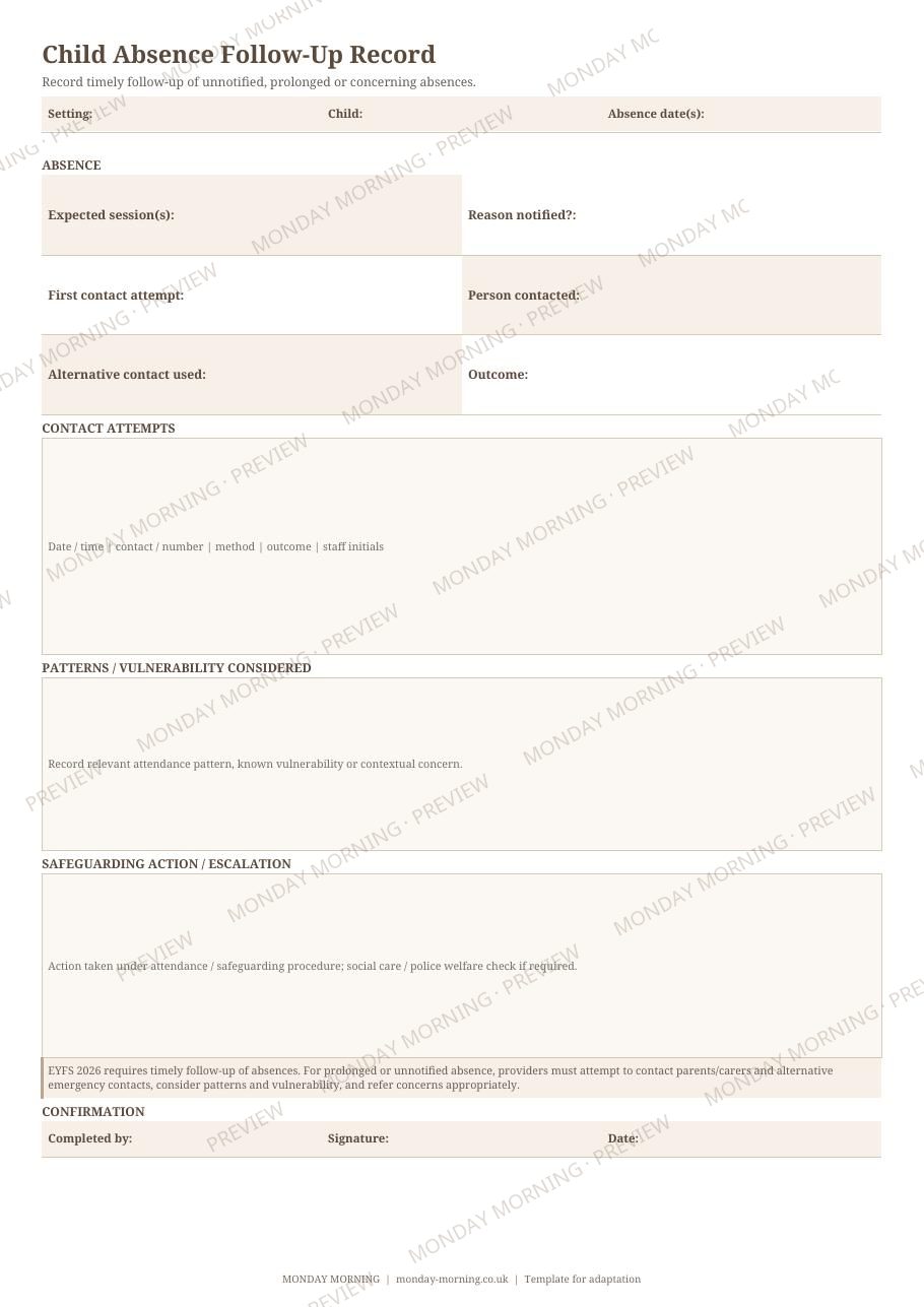 Child Absence Follow-Up Record preview 1