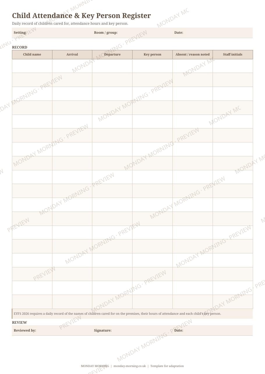 Child Attendance & Key Person Register preview 1