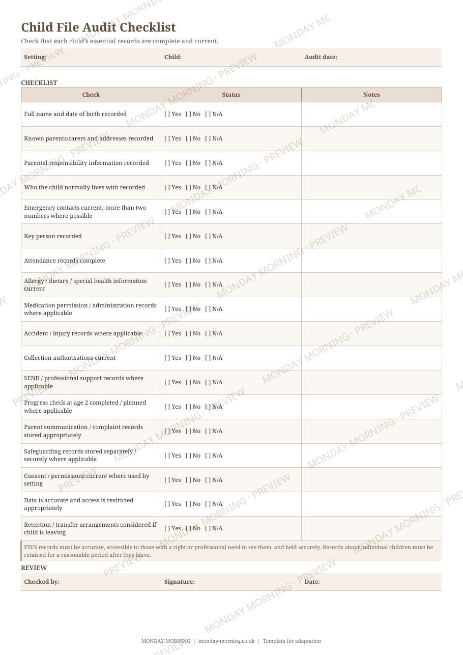 Child File Audit Checklist preview 1