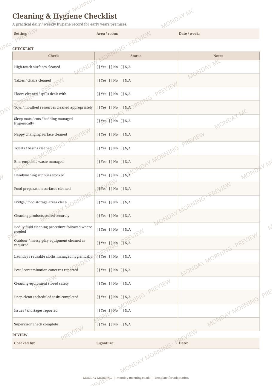 Cleaning & Hygiene Checklist preview 1