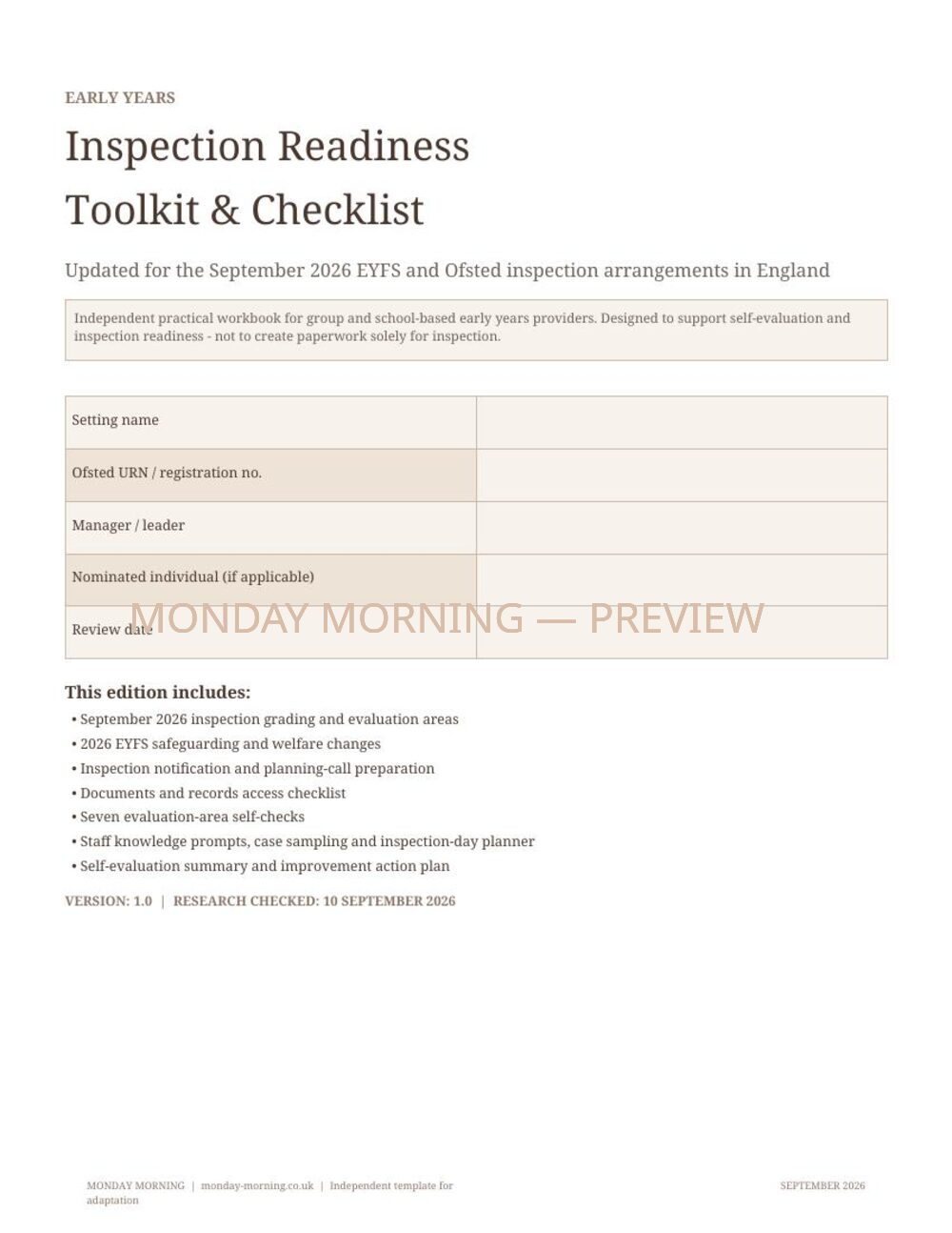 Early Years Inspection Readiness Toolkit & Checklist — September 2026 preview 1