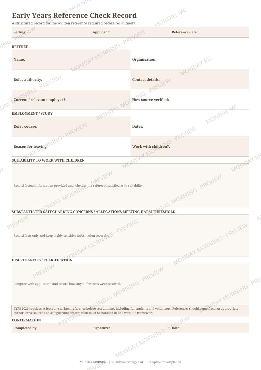 Early Years Reference Check Record preview 1