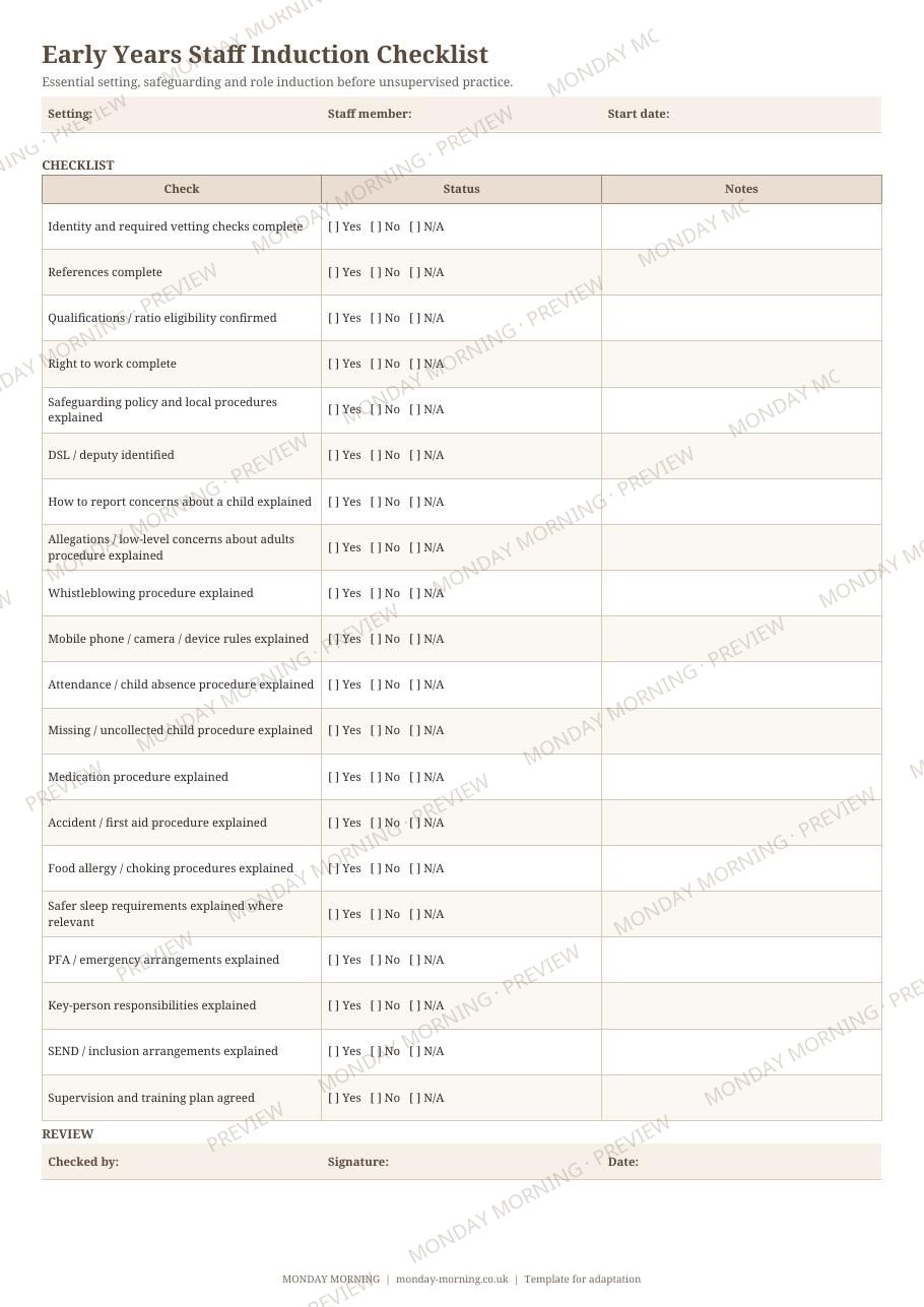Early Years Staff Induction Checklist preview 1