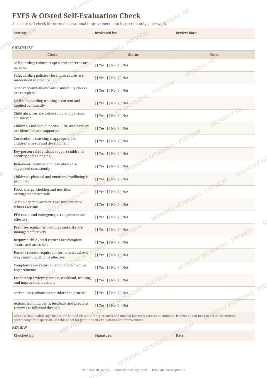 EYFS & Ofsted Self-Evaluation Check preview 1