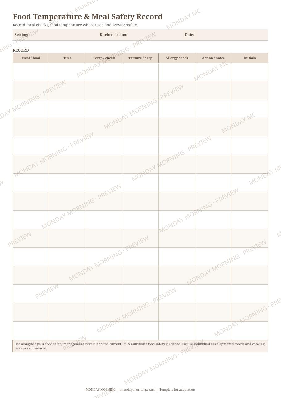 Food Temperature & Meal Safety Record preview 1