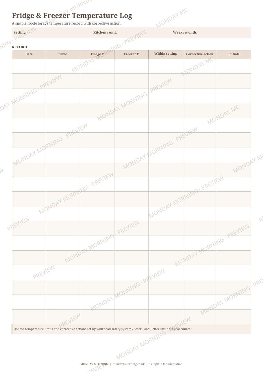 Fridge & Freezer Temperature Log preview 1