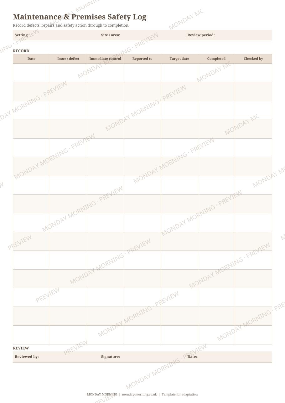 Maintenance & Premises Safety Log preview 1