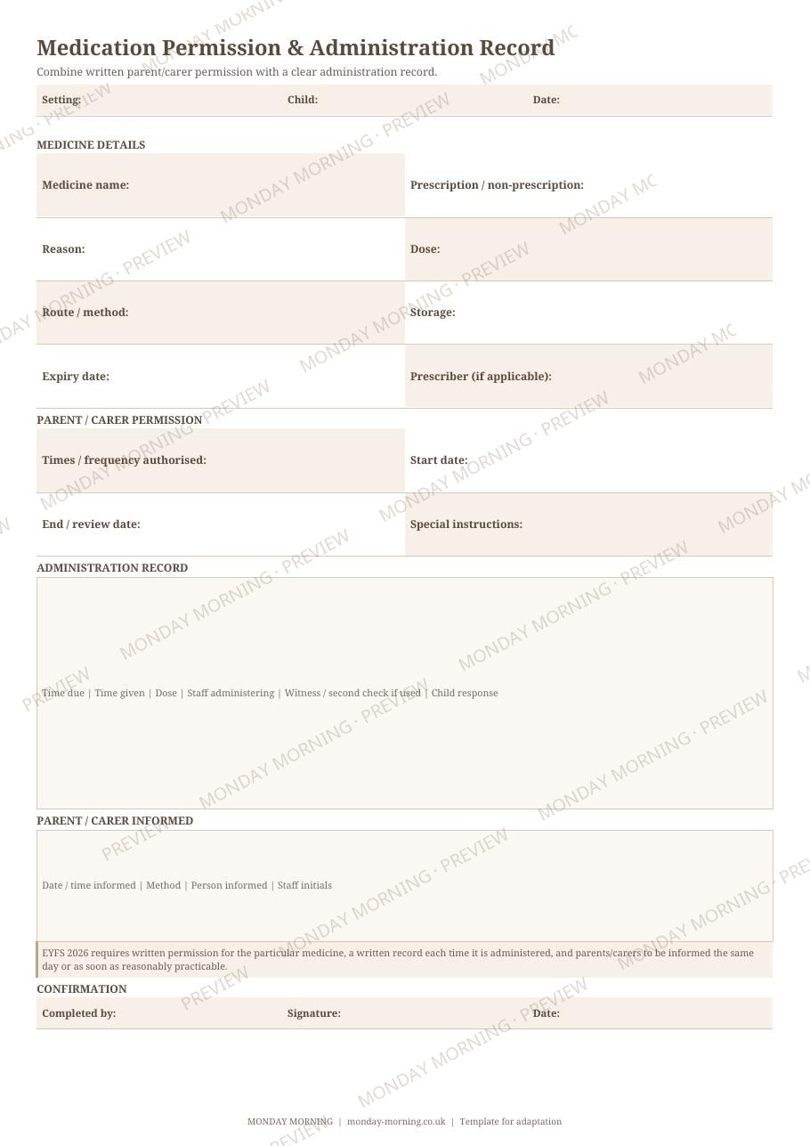 Medication Permission & Administration Record preview 1
