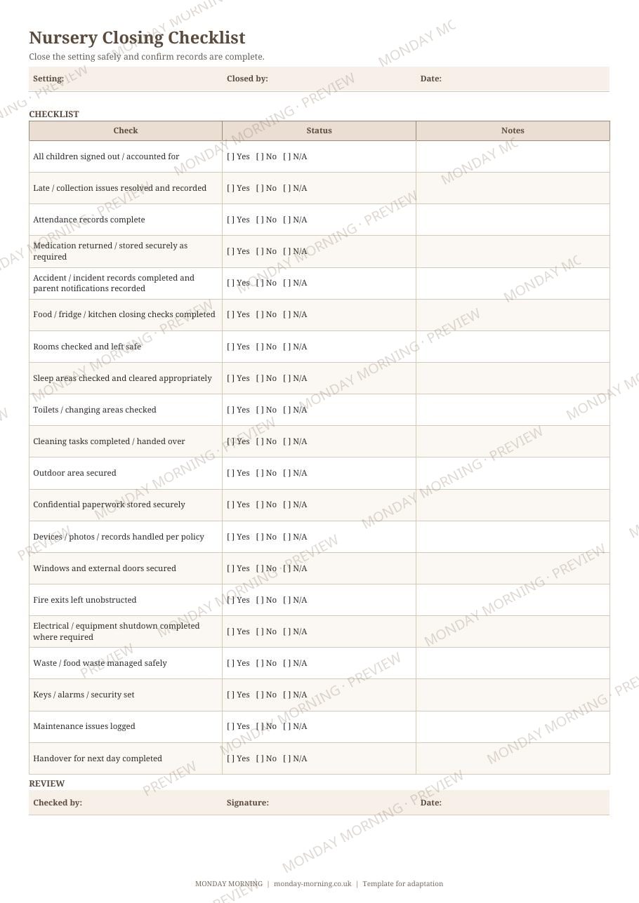 Nursery Closing Checklist preview 1