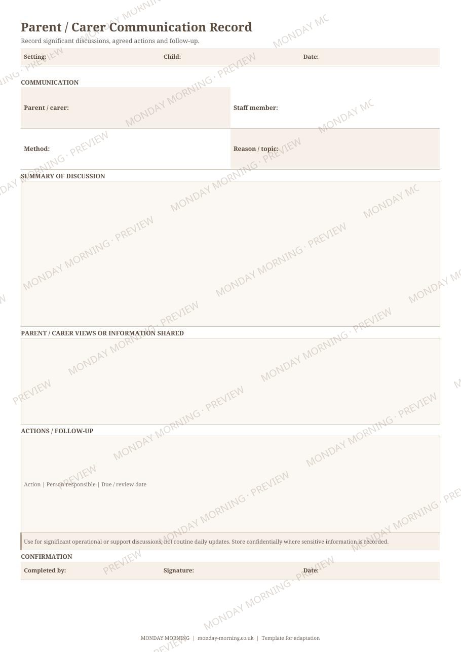 Parent / Carer Communication Record preview 1
