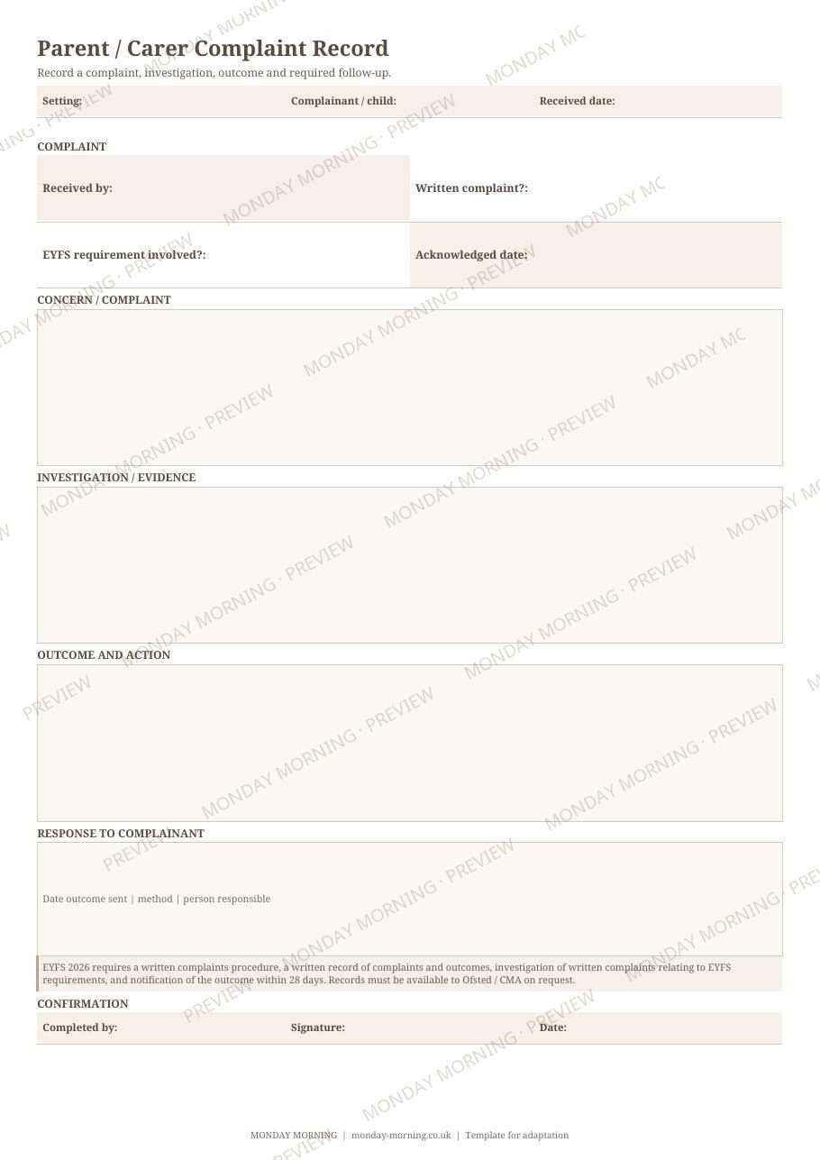 Parent / Carer Complaint Record preview 1