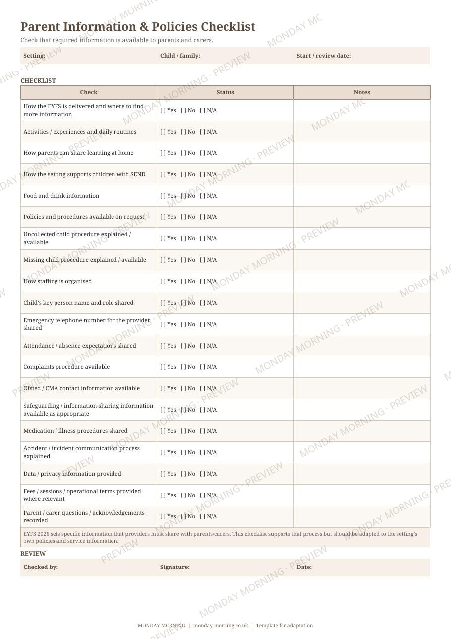 Parent Information & Policies Checklist preview 1