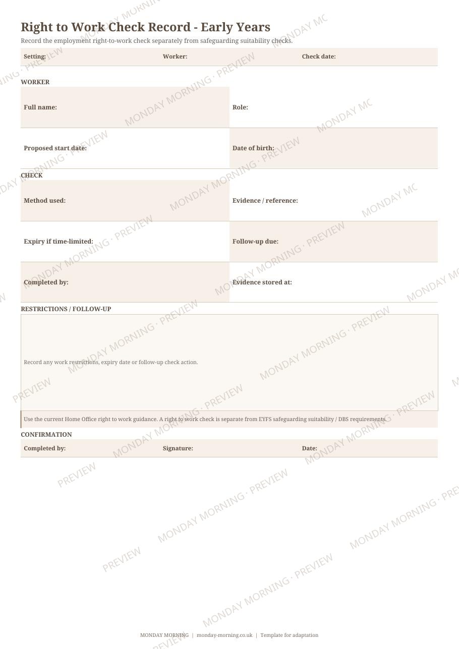 Right to Work Check Record – Early Years preview 1