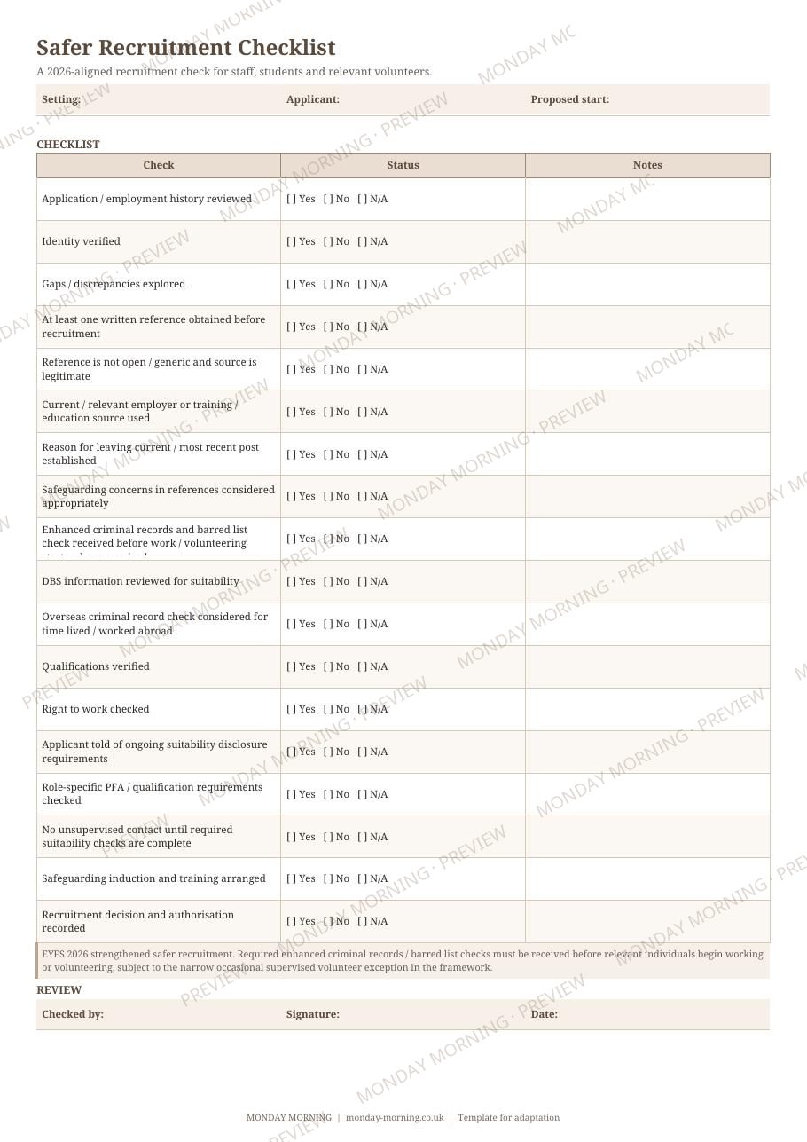 Safer Recruitment Checklist preview 1