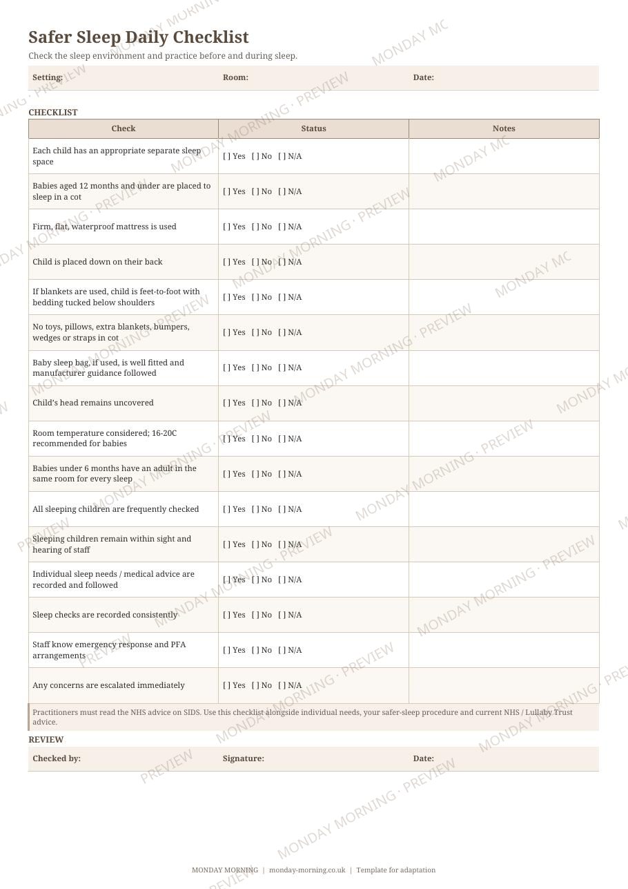 Safer Sleep Daily Checklist preview 1
