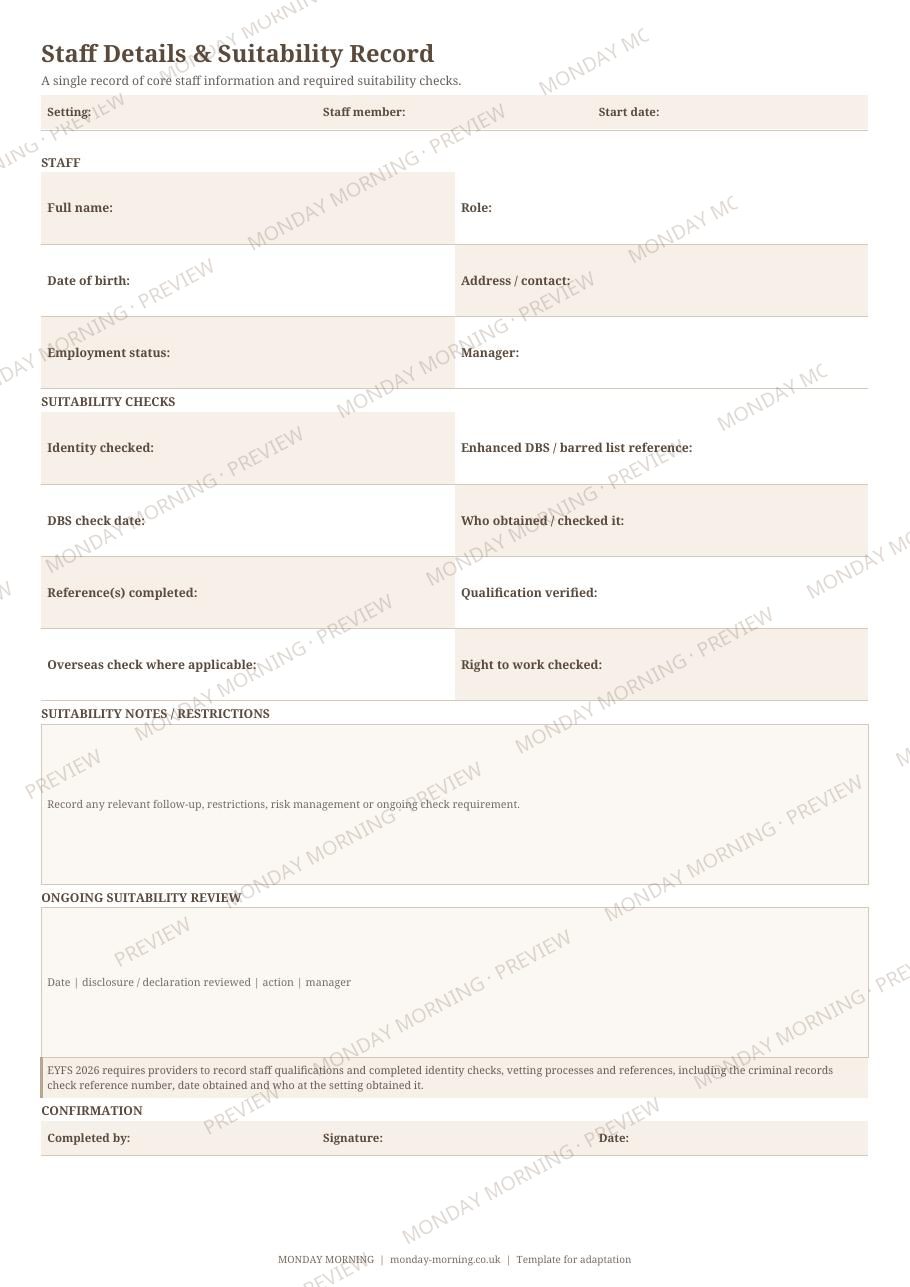 Staff Details & Suitability Record preview 1